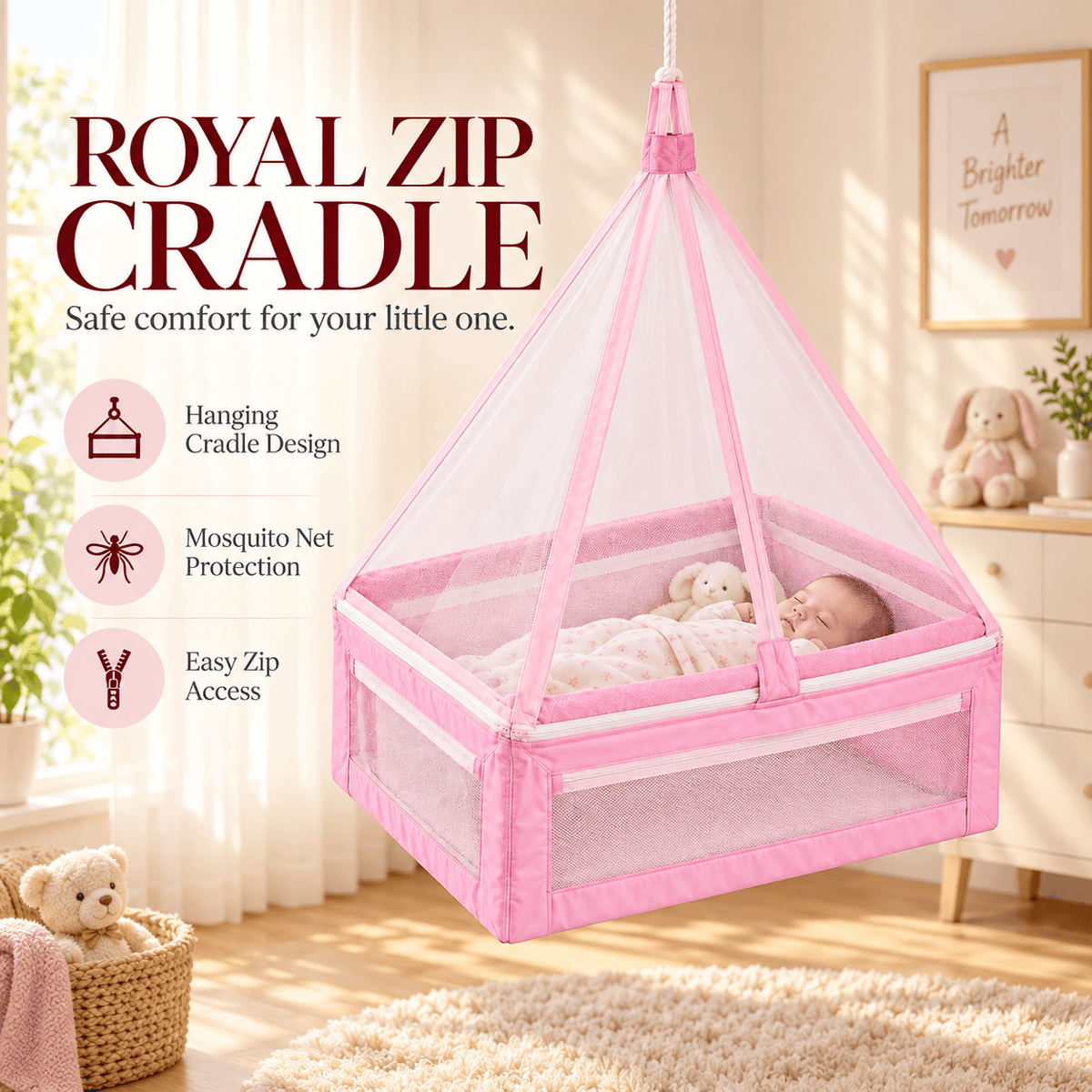 HappyKid Royal Zip Baby Cradle with Mosquito Net – 0–12 Months