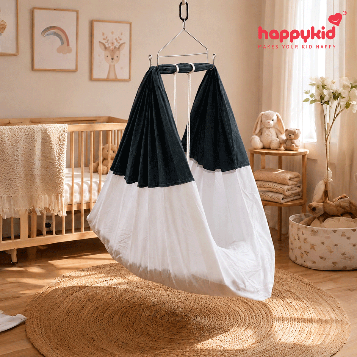 HappyKid 7-in-1 Baby Hanging Cradle with Adjustable Window Hanger & Soft Cushion Bed
