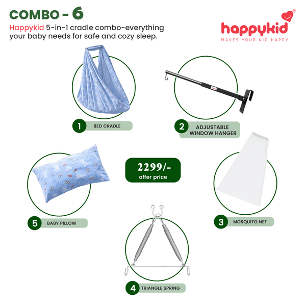 HappyKid Baby Bed Cradle Combo with Adjustable Window Hanger & Triangle Spring – 5 in 1 | Combo 6