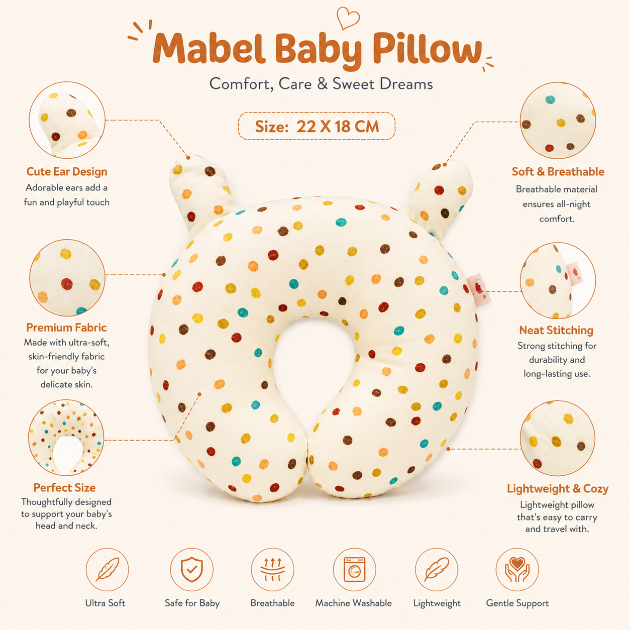 HappyKid Mabel Baby Pillow for Newborns 22x18 cm