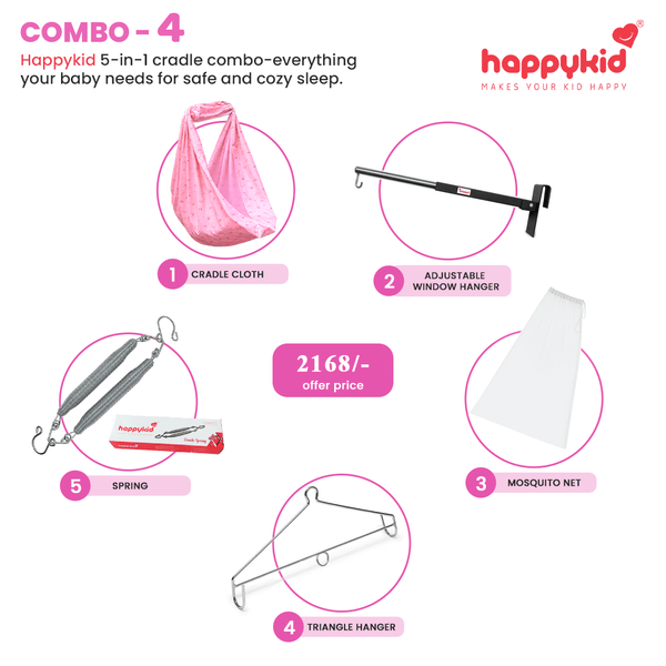 HappyKid Baby Cradle Combo with Adjustable Window Hanger & Spring – 5 in 1 | Combo 4