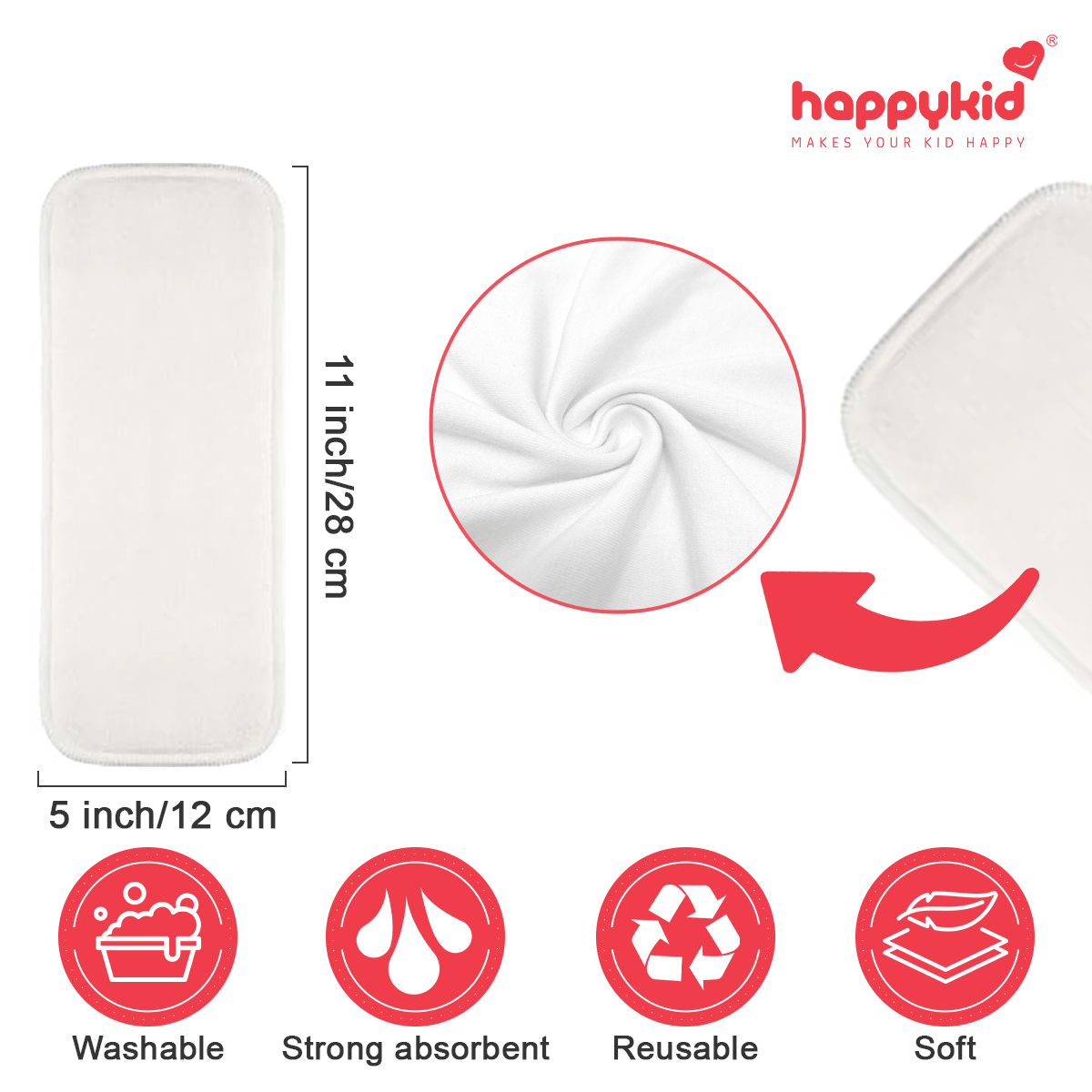 HappyKid Reusable Diaper Pads Pack of 6 | 8-Layer Ultra Absorbent Washable Cloth Inserts | Soft Cotton Baby Diaper Liners