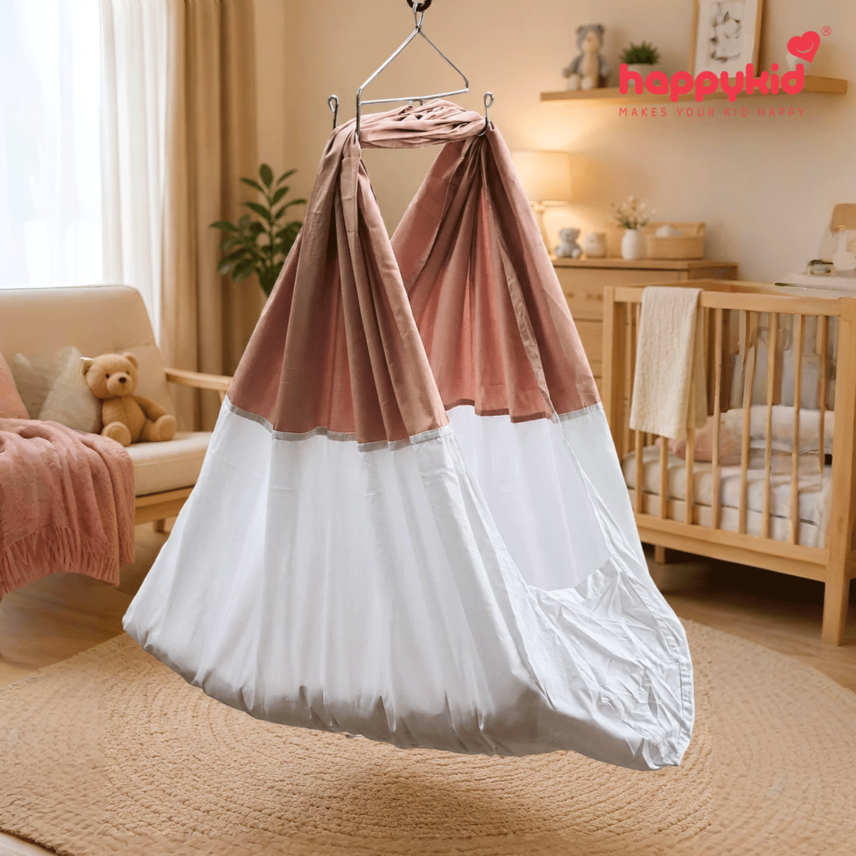 HappyKid 7-in-1 Baby Hanging Cradle with Adjustable Window Hanger & Soft Cushion Bed