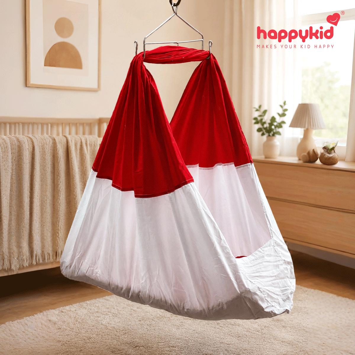 HappyKid 7-in-1 Baby Hanging Cradle with Adjustable Window Hanger & Soft Cushion Bed