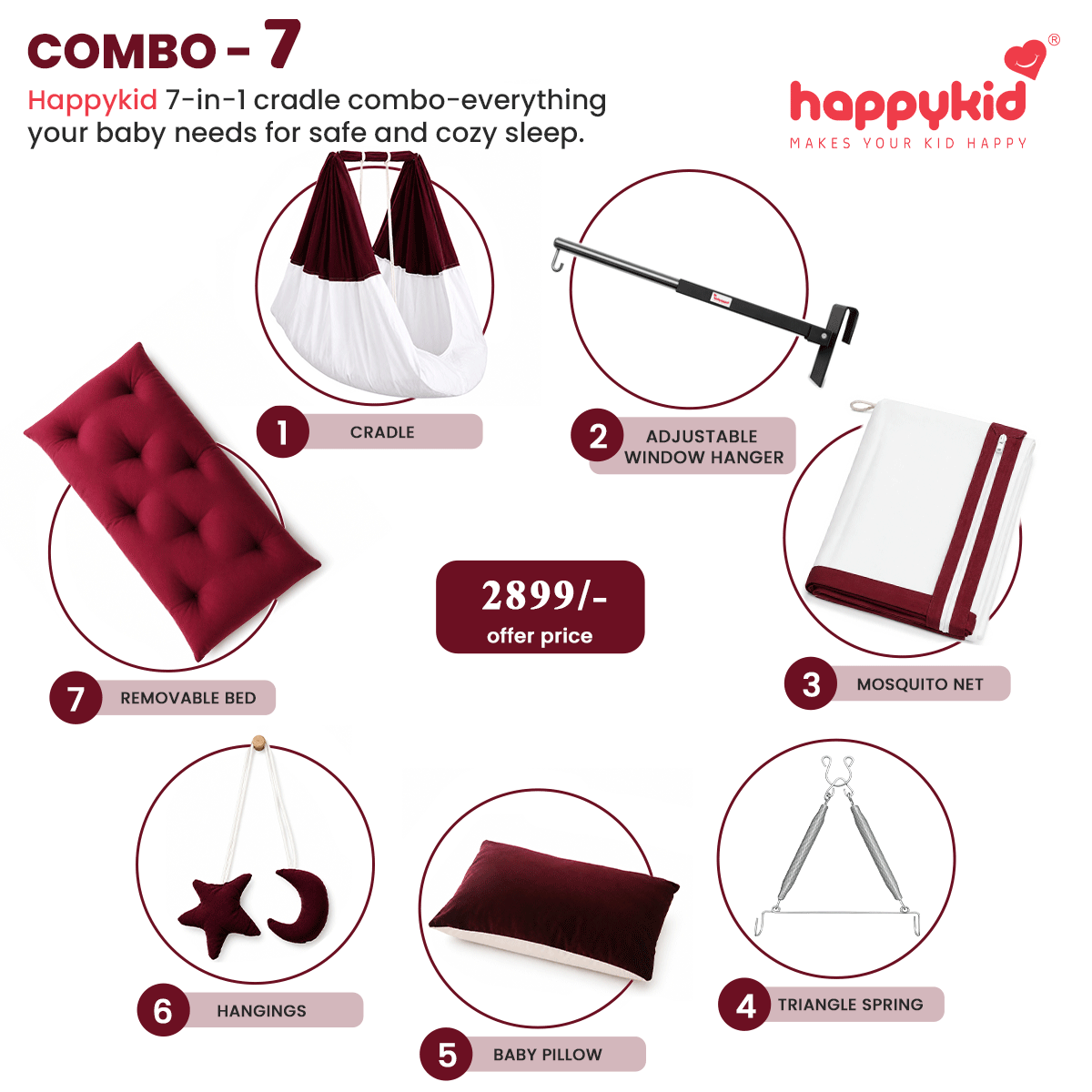 HappyKid 7-in-1 Baby Hanging Cradle with Adjustable Window Hanger & Soft Cushion Bed