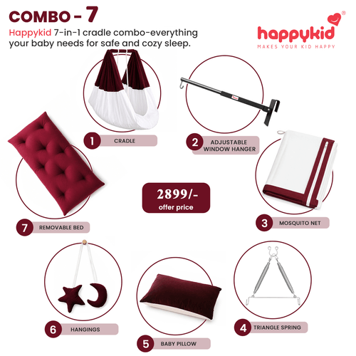 HappyKid 7-in-1 Baby Hanging Cradle with Adjustable Window Hanger & Soft Cushion Bed