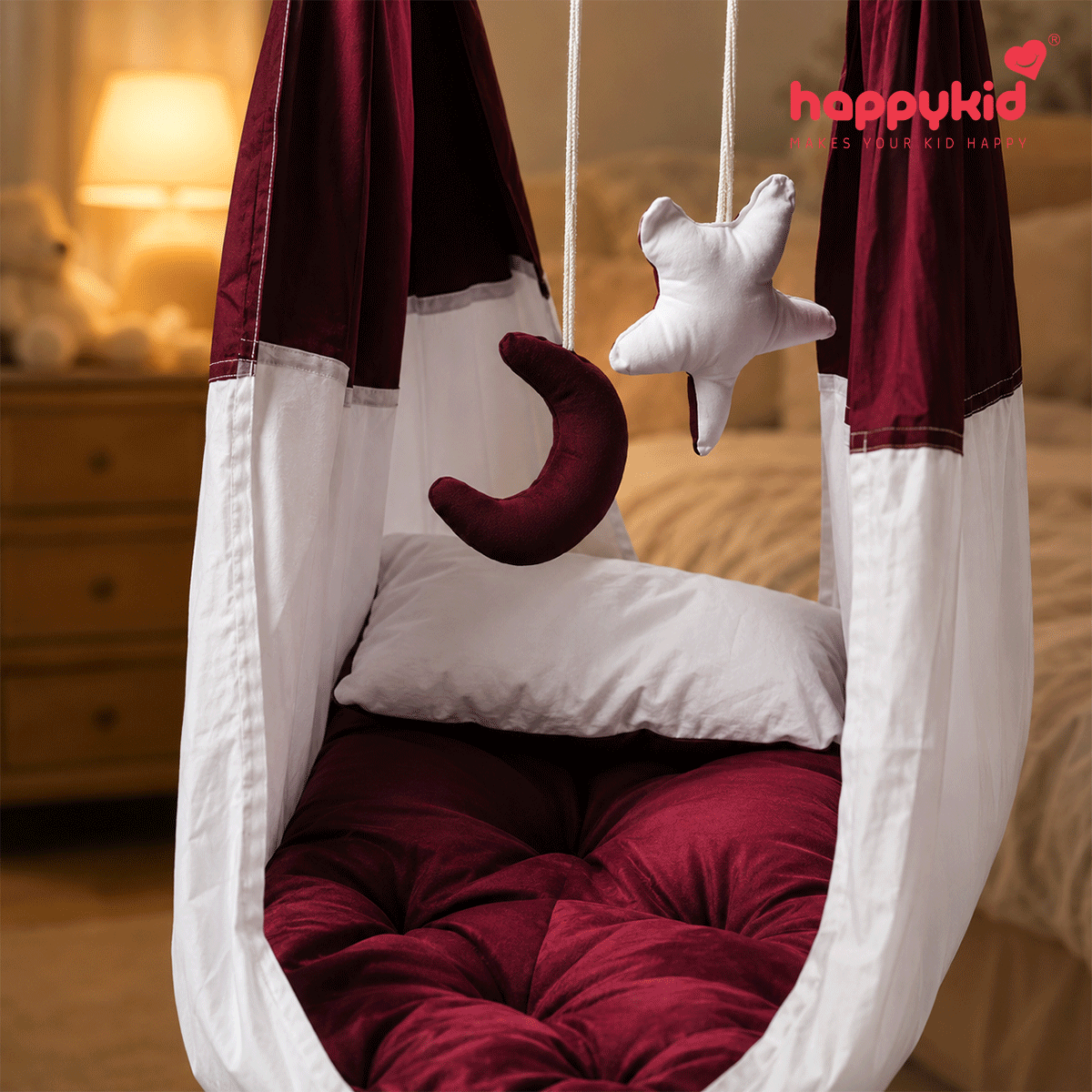 HappyKid 7-in-1 Baby Hanging Cradle with Adjustable Window Hanger & Soft Cushion Bed