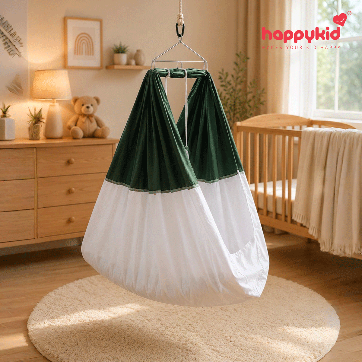HappyKid 7-in-1 Baby Hanging Cradle with Adjustable Window Hanger & Soft Cushion Bed