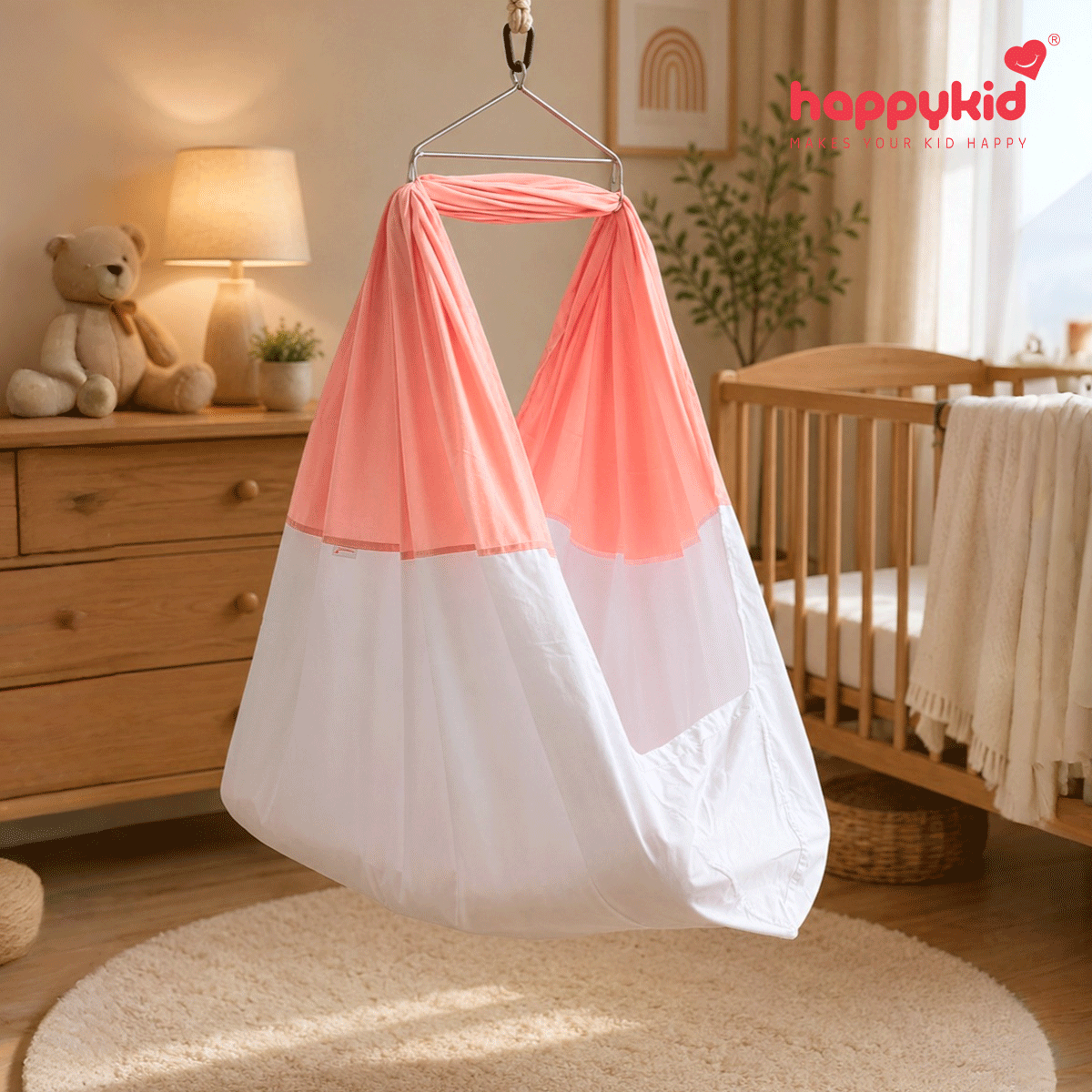 HappyKid 7-in-1 Baby Hanging Cradle with Adjustable Window Hanger & Soft Cushion Bed