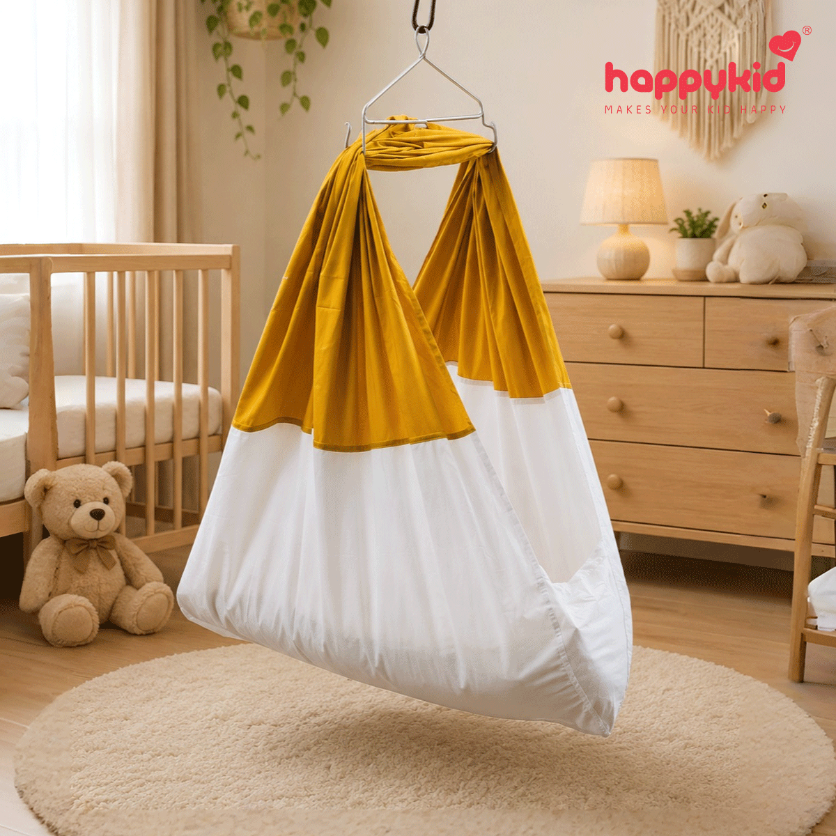 HappyKid 7-in-1 Baby Hanging Cradle with Adjustable Window Hanger & Soft Cushion Bed