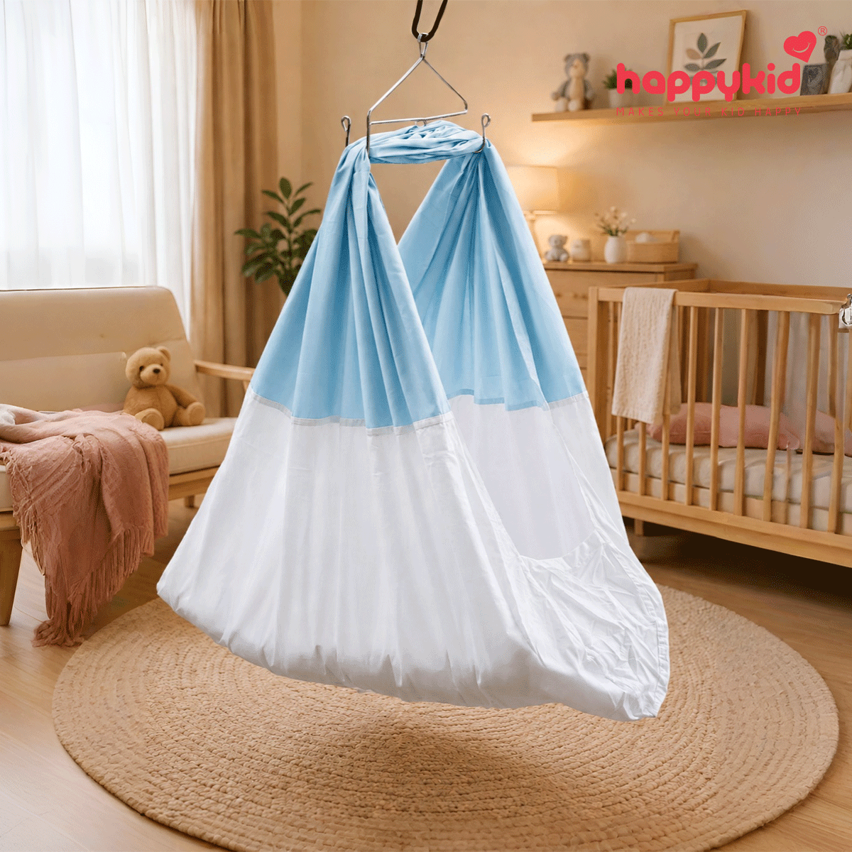 HappyKid 7-in-1 Baby Hanging Cradle with Adjustable Window Hanger & Soft Cushion Bed