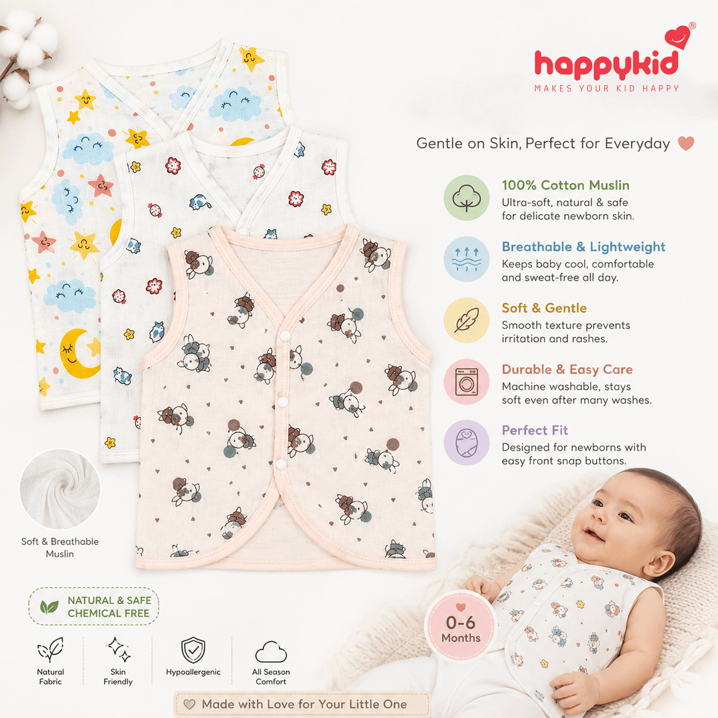 HappyKid Baby Muslin Jabala – Soft Cotton Sleeveless Vest for Newborns (0–3 Months)