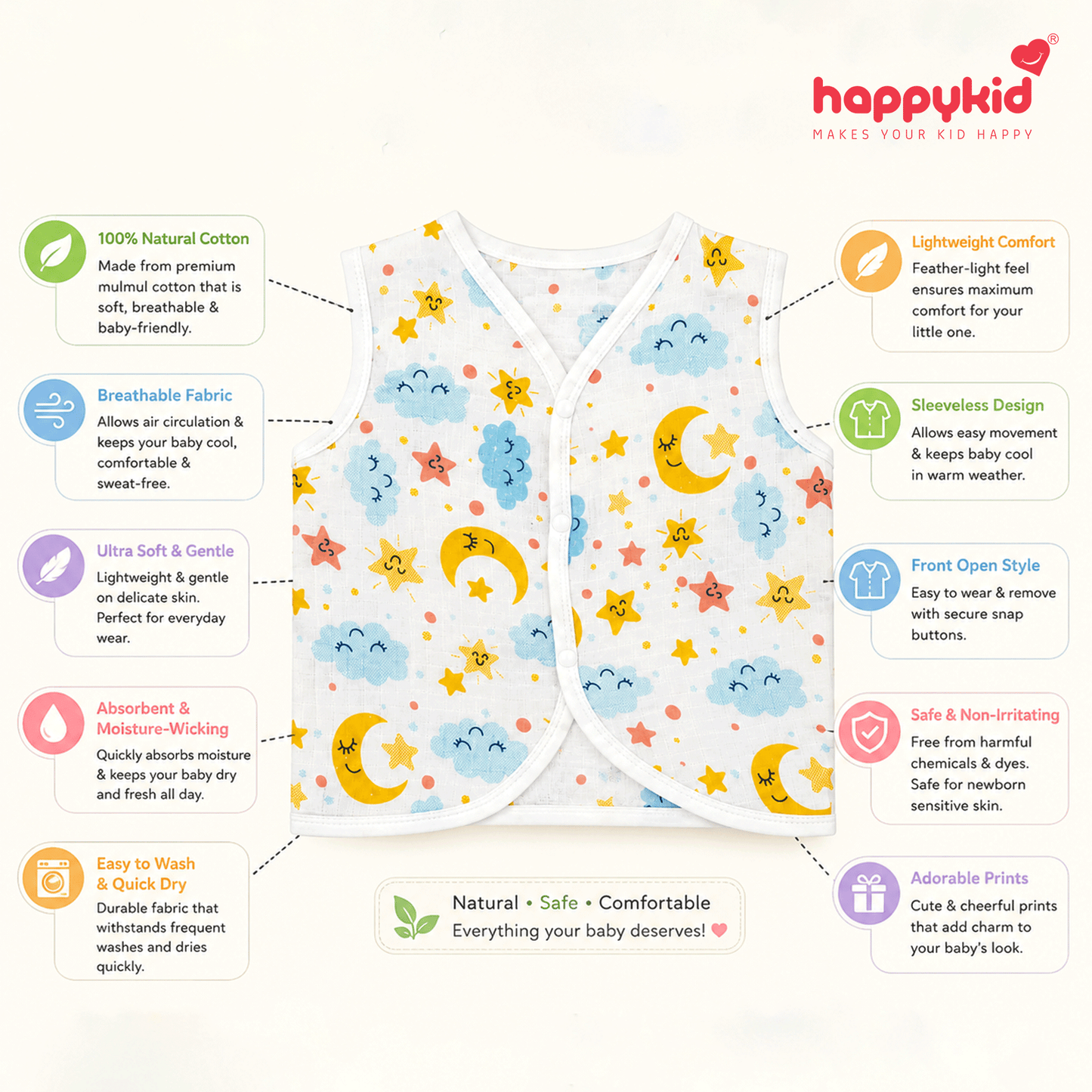 HappyKid Baby Muslin Jabala – Soft Cotton Sleeveless Vest for Newborns (0–3 Months)