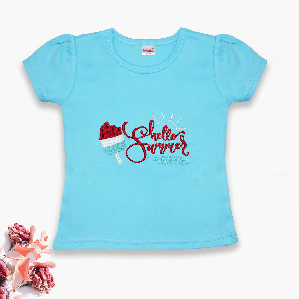 Sky Blue Cotton Half Sleeves T Shirt with Denim Pants for Baby Girls