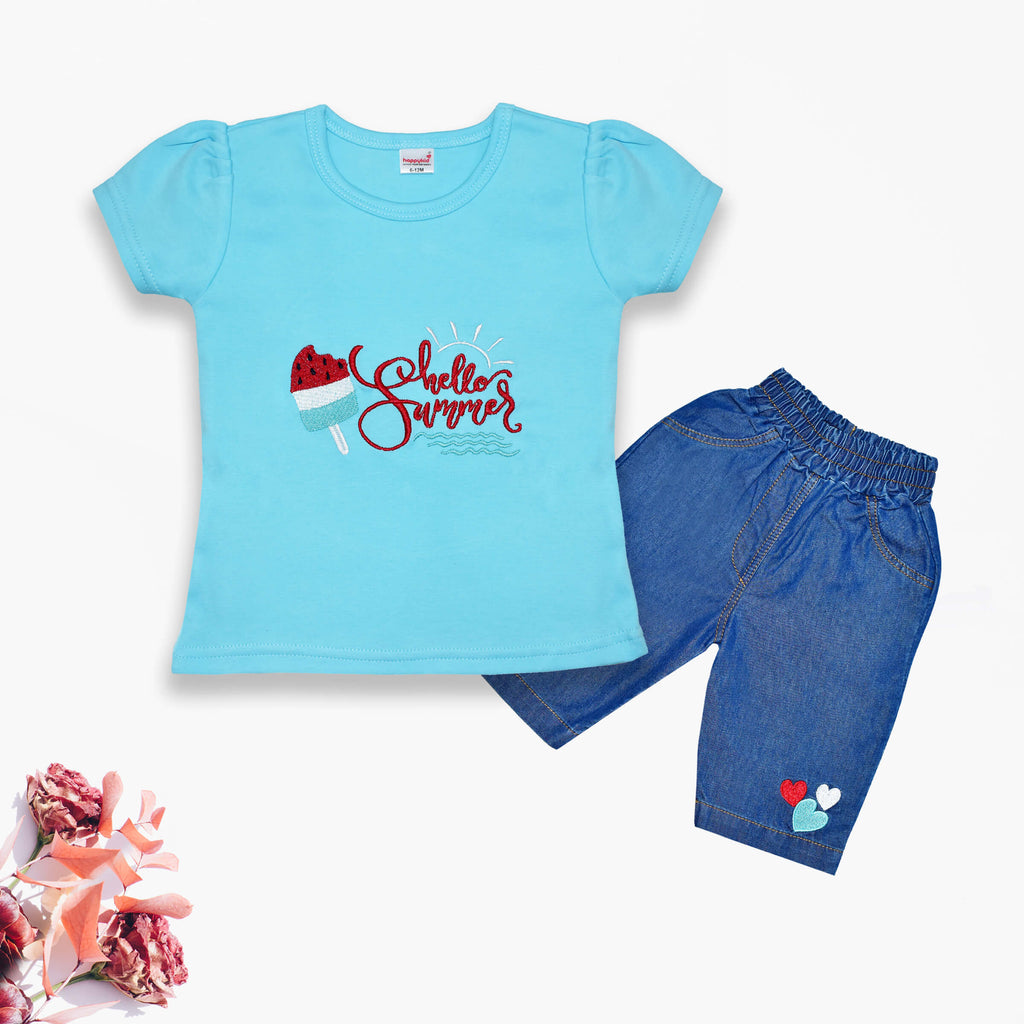 Sky Blue Cotton Half Sleeves T Shirt with Denim Pants for Baby Girls