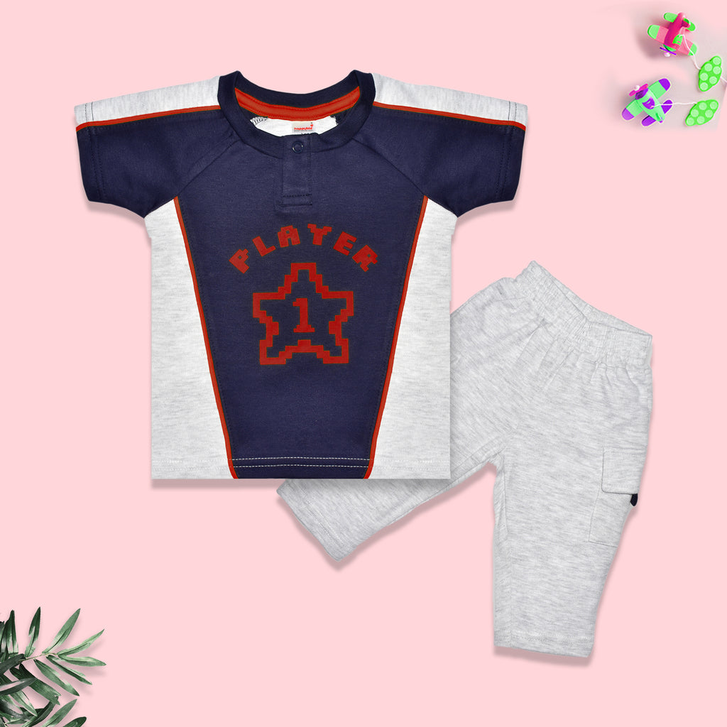 Red and Grey Half Sleeves T Shirt with Pants for New Born Baby Boys