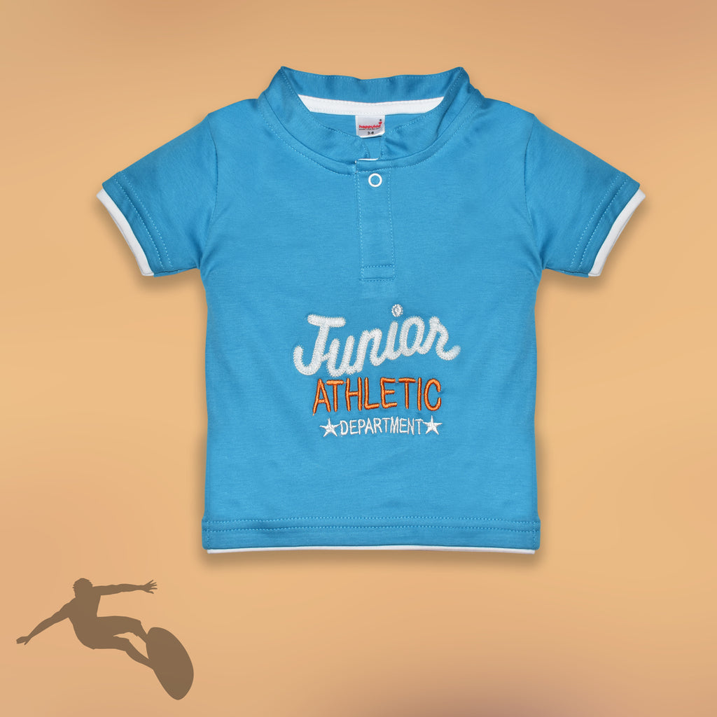 Blue Color Athletic Embroidery Half Sleeves T Shirt with Shorts for Newborn Baby Boys