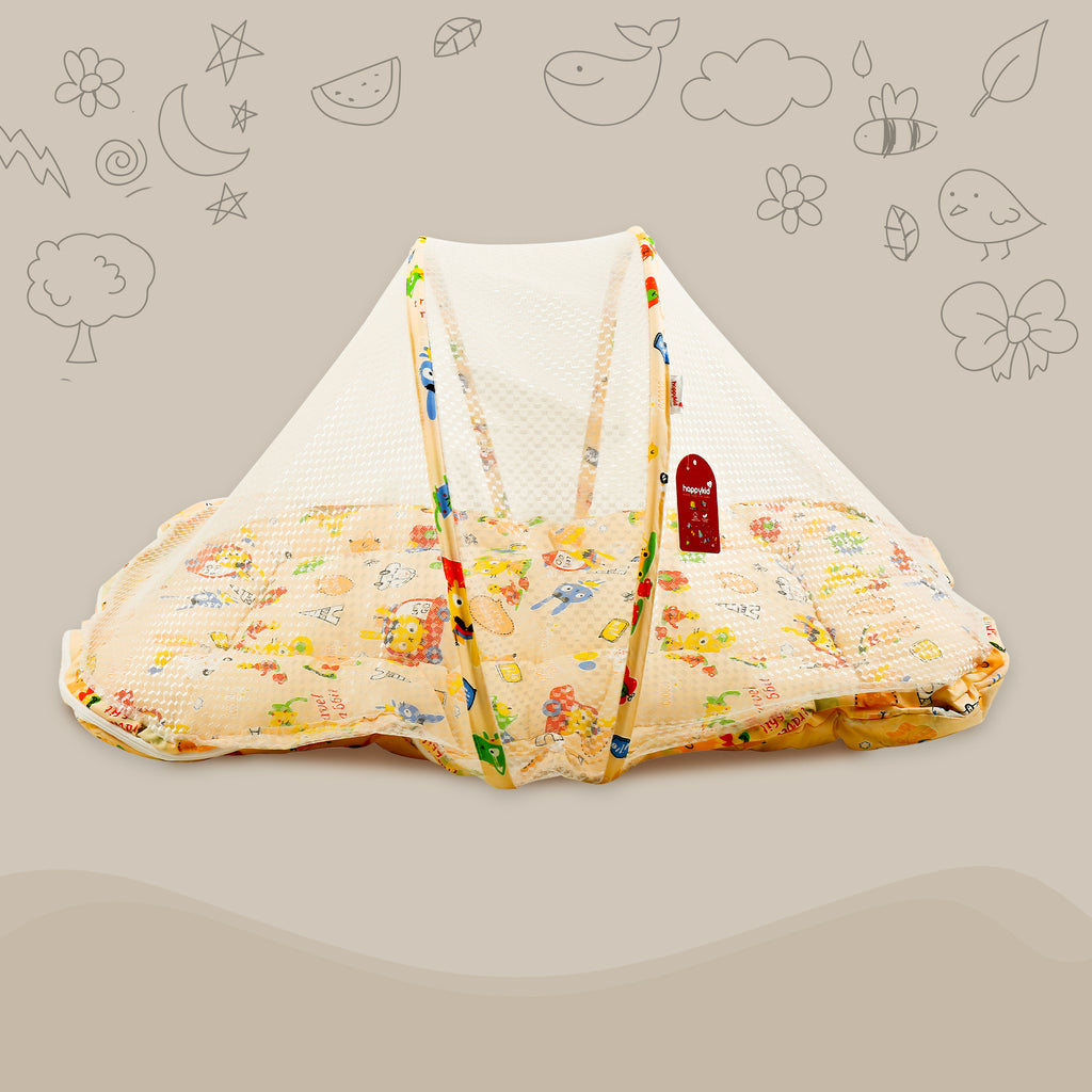 Pink Printed Mosquito Net Bed With Pillow
